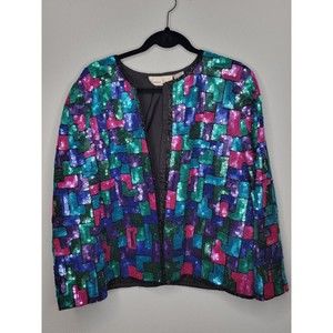 Vtg Jacket Laurence Kazar Silk Sequin Beaded Long Sleeve Multicolor Size 1X